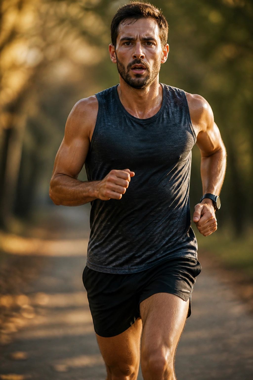 Runner finishing a long run with a fast finish on a park path