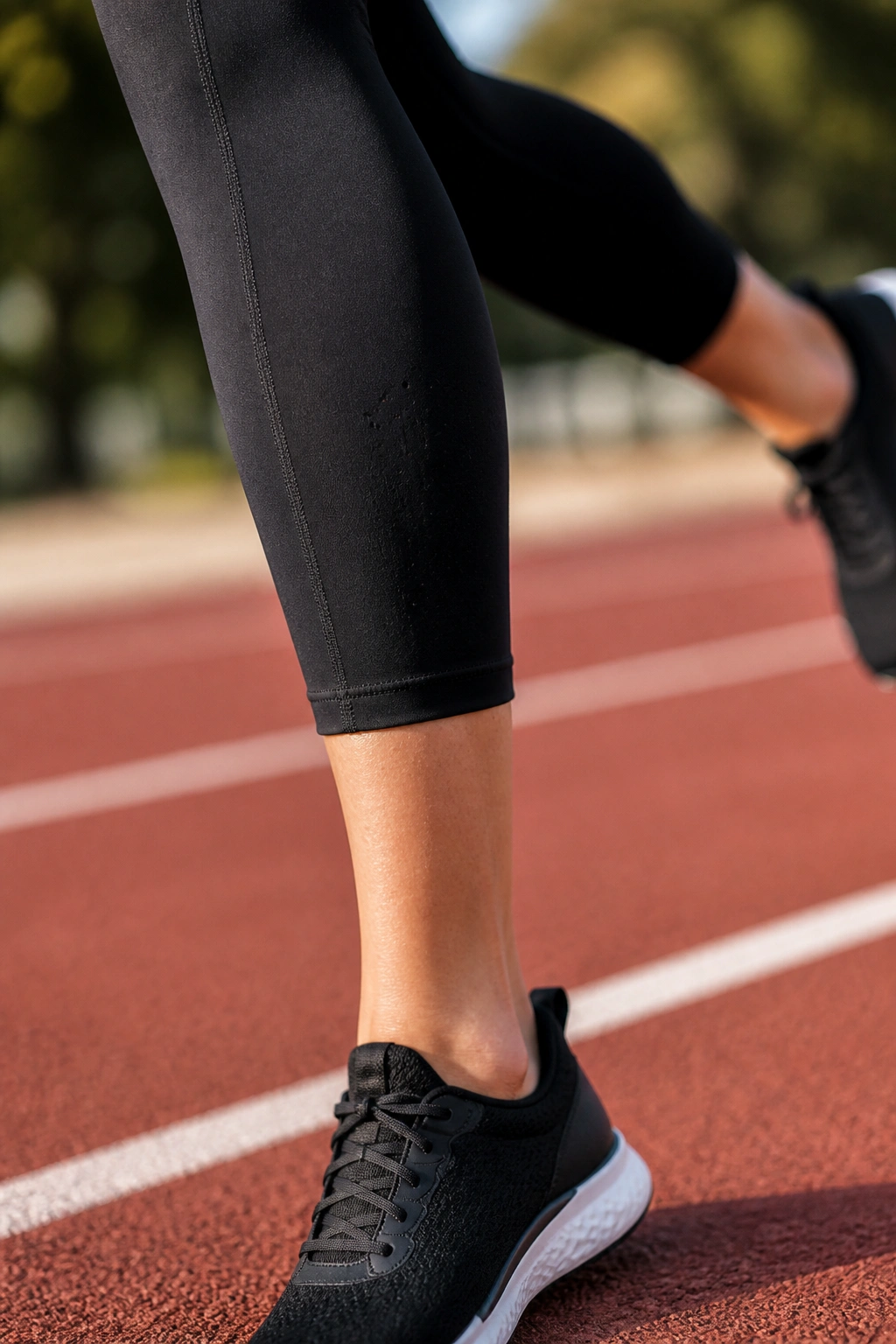 Close-up of a runner wearing Fast and Free High-Rise Crop 19 leggings on an outdoor track