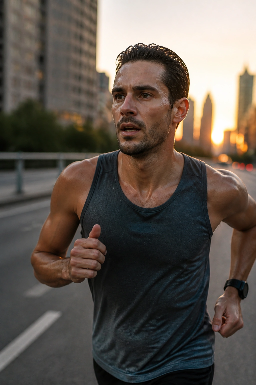 Runner at tempo pace on city street with focused expression