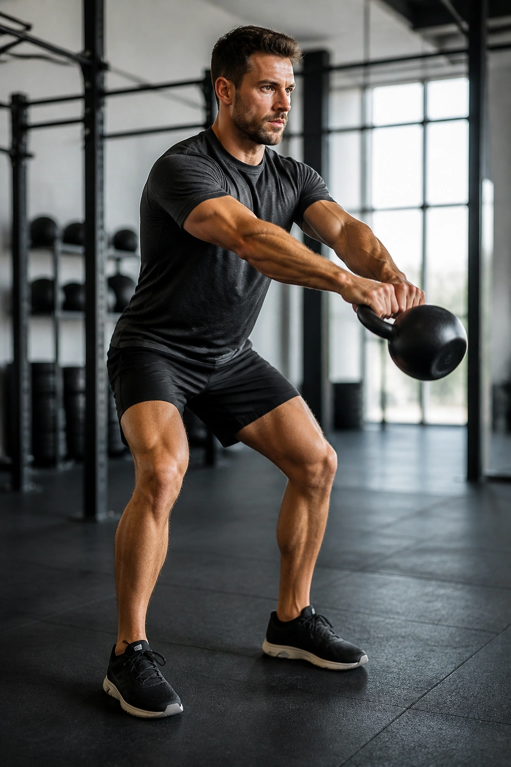 Real person performing kettlebell swing in a gym for fat-loss circuit plan