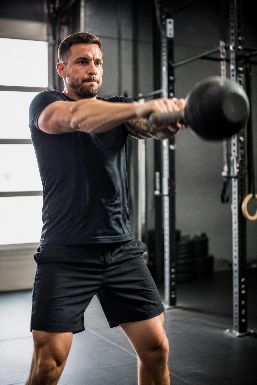 Dynamic shot of lifter performing kettlebell swing in gym