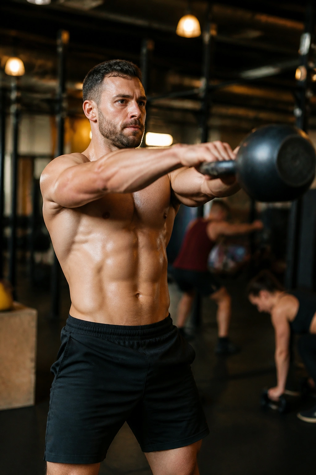 Close-up of a fit person performing kettlebell swing in a gym, illustrating a fat-loss circuit