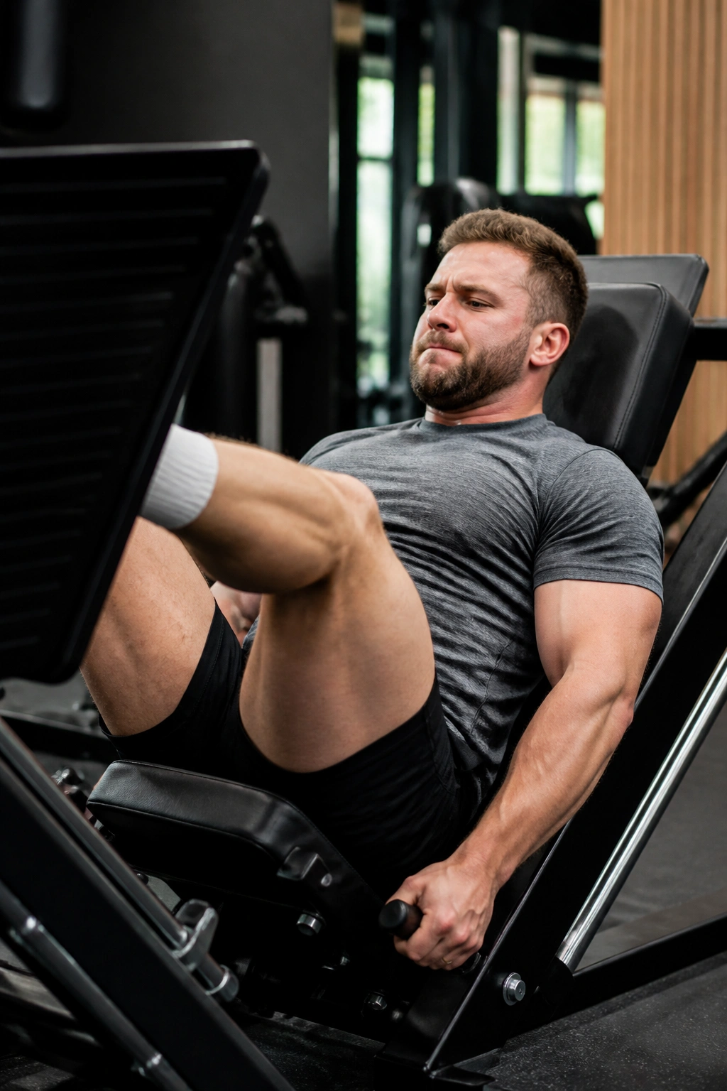 Person performing leg press for fat-loss support in a gym