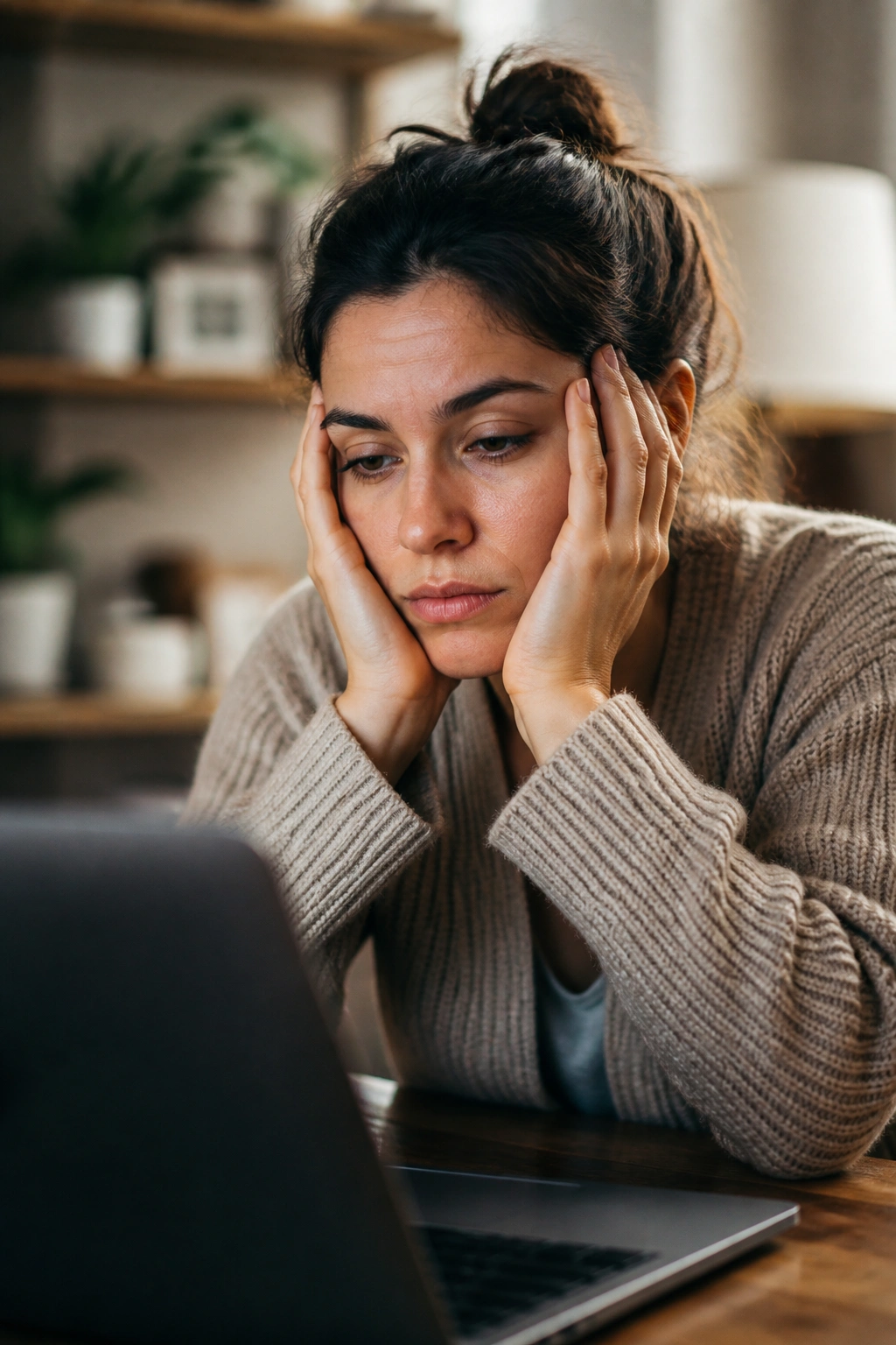 Close-up of a tired person at a desk in a cozy home setting