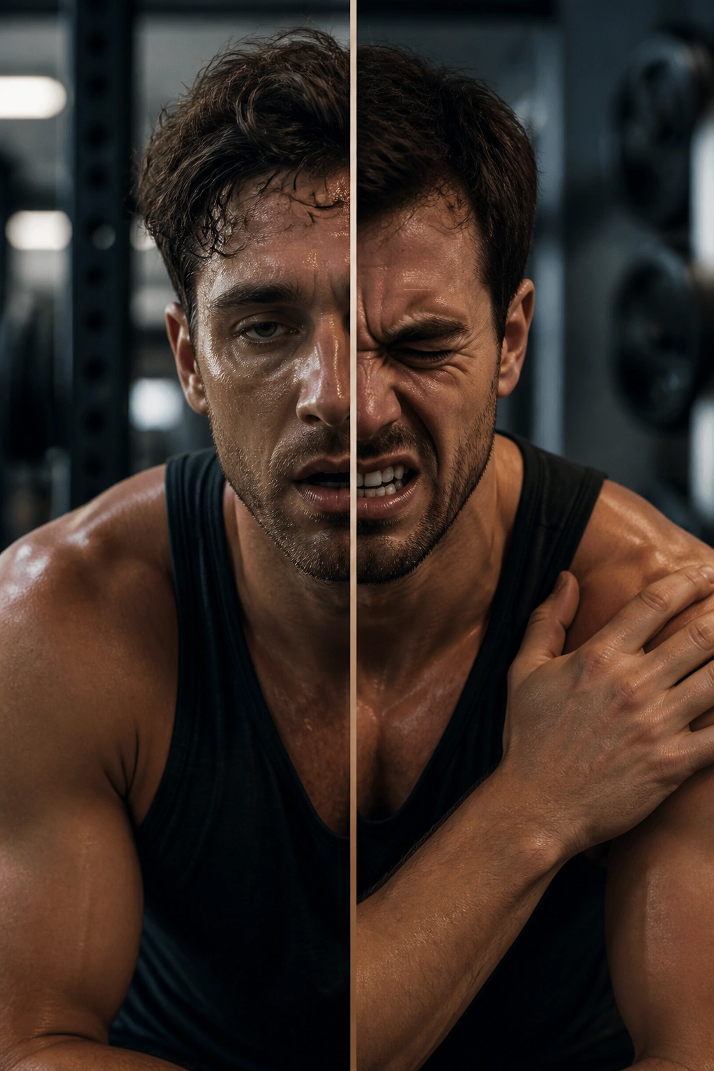 Lifter's face showing fatigue vs pain under split lighting