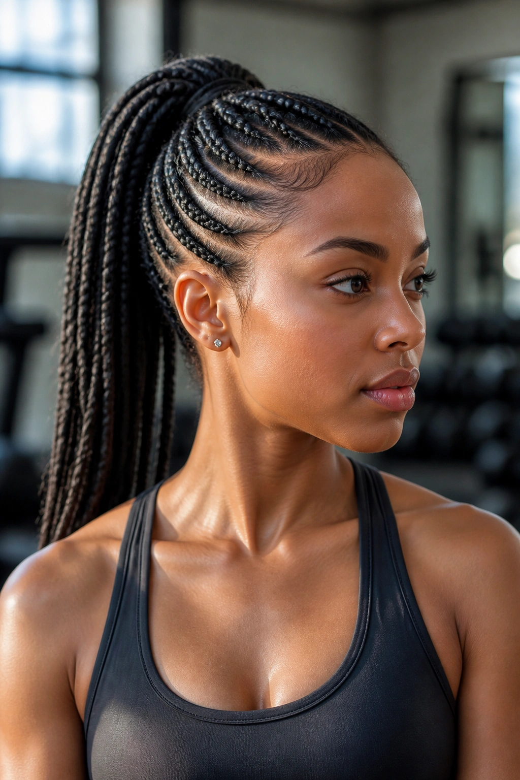 Close-up of a real woman with a feed-in braid ponytail during workout