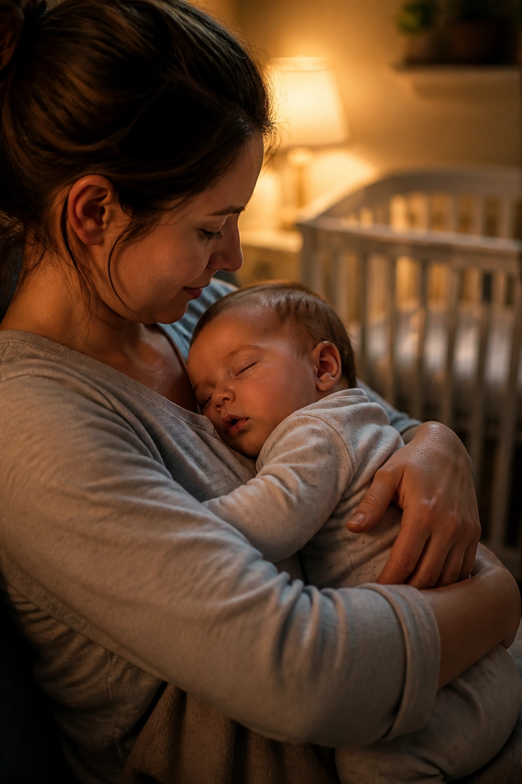 Close-up of a baby in caregiver's arms during rocking