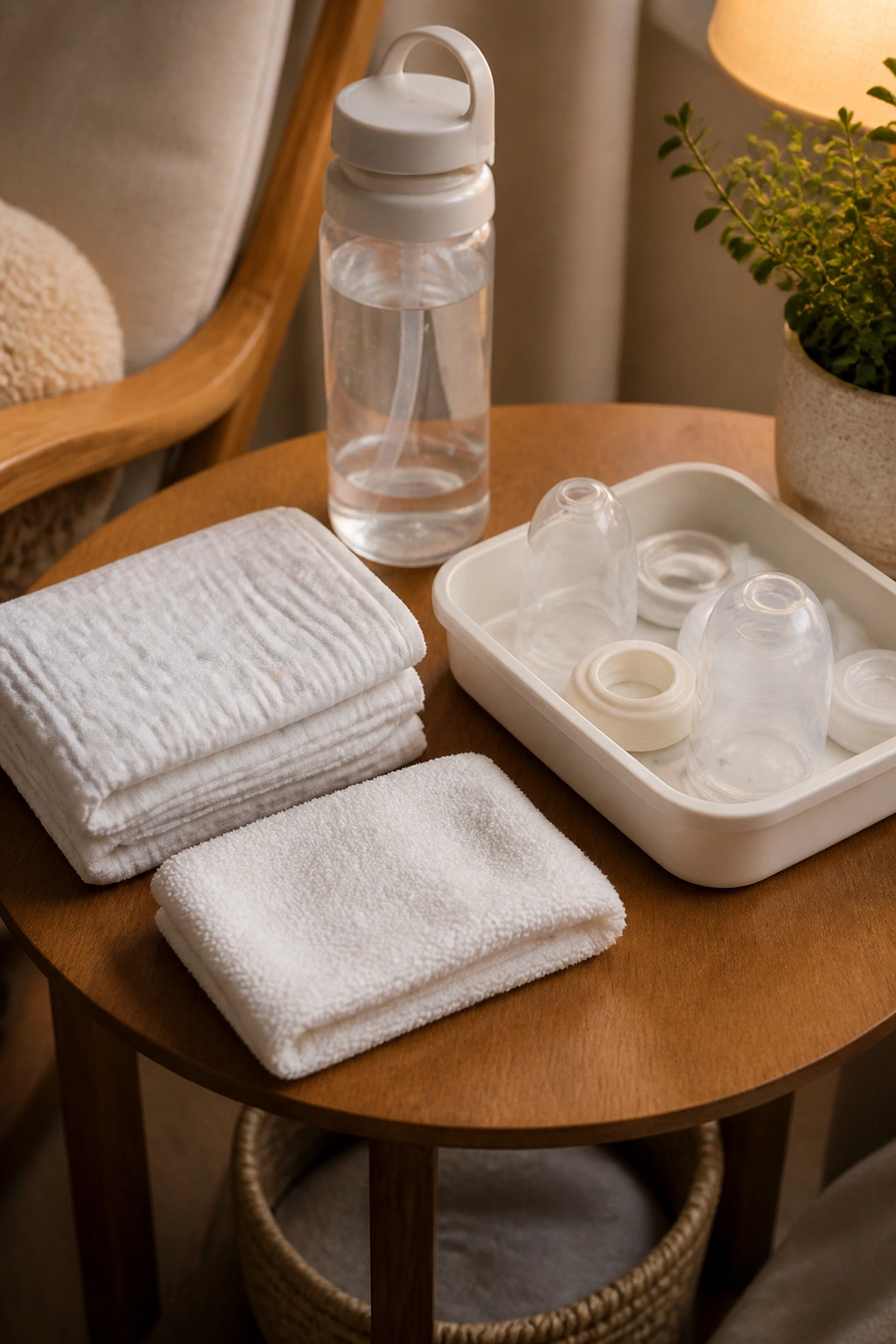 Close-up of feeding supplies neatly arranged on a side table