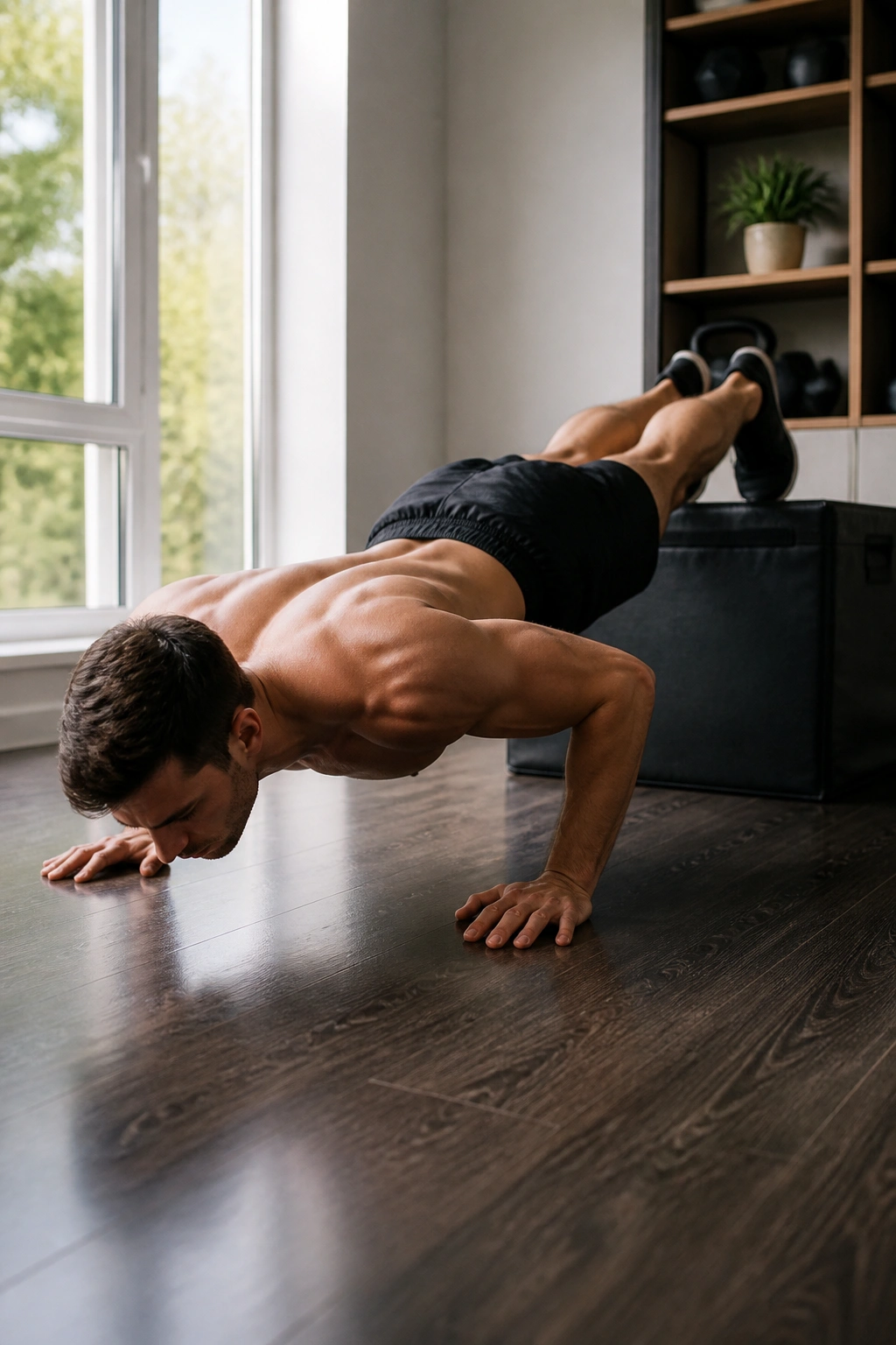 Person performing feet-elevated push-up with feet on a box