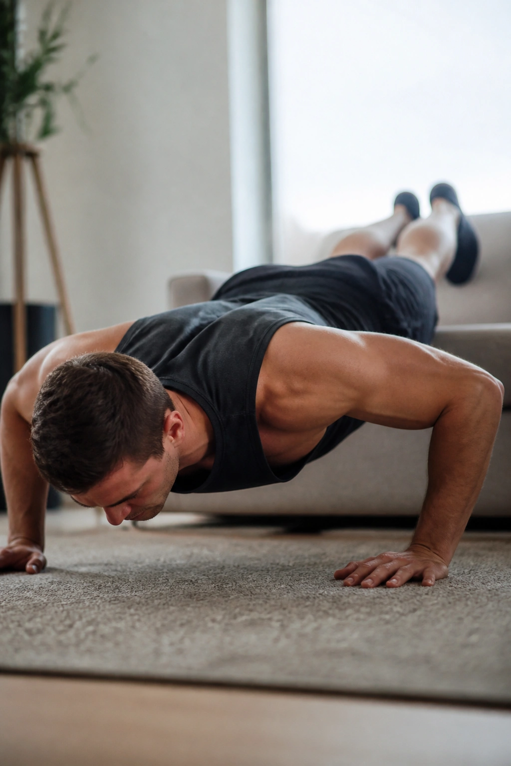 Close-up of a feet-elevated push-up with feet on a bench in a living room.