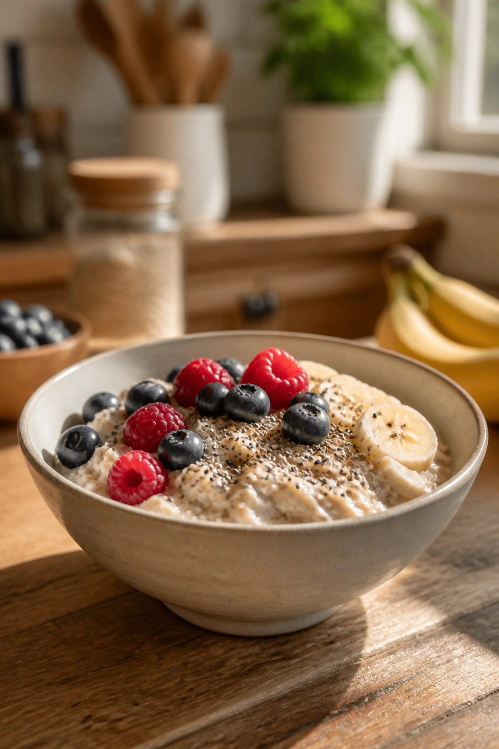 Bowl of oatmeal with chia seeds and berries for daily fiber intake