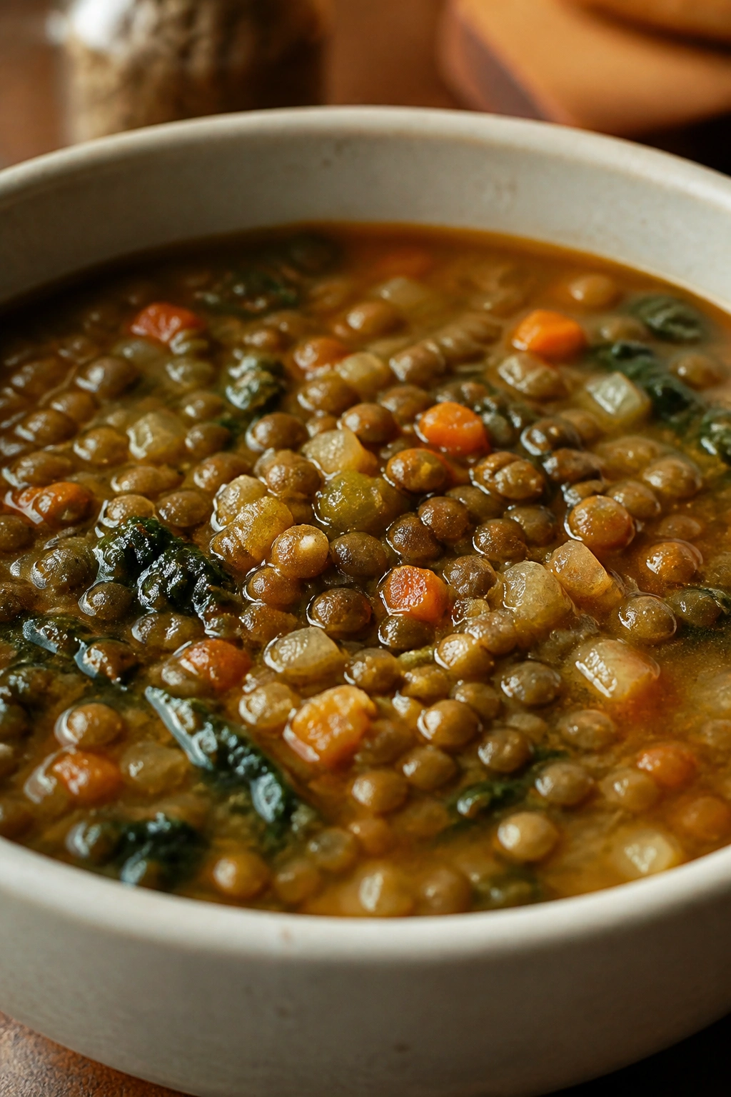 Close-up of a bowl of lentil soup highlighting fiber-rich texture