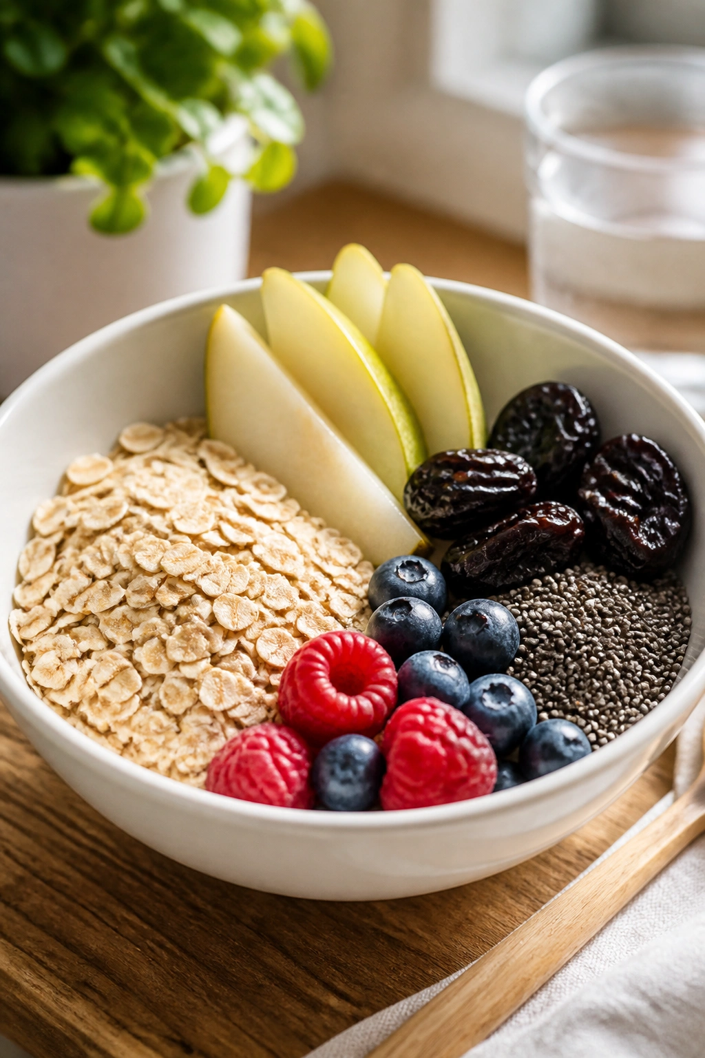 Close-up of a fiber-rich oats dish with pears, prunes and chia seeds on a wooden table