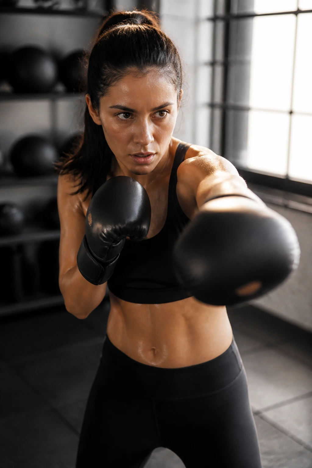 Real person performing five-minute round punching in a gym