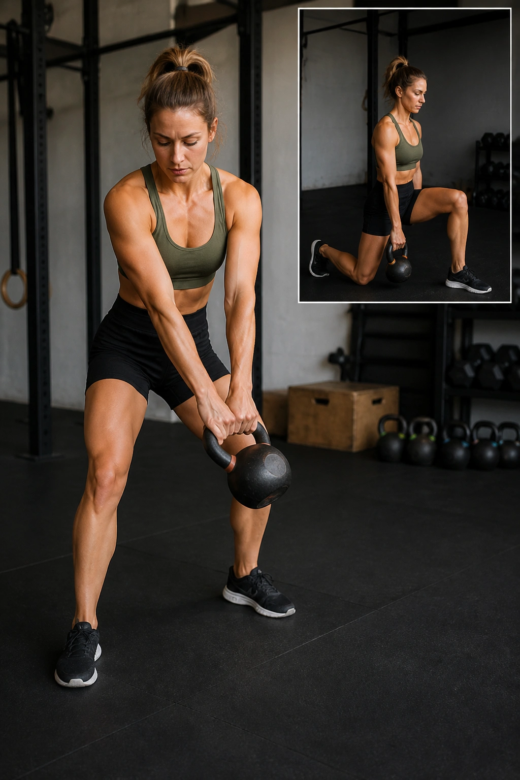 Side view of a person performing figure-eight with kettlebell into a reverse lunge
