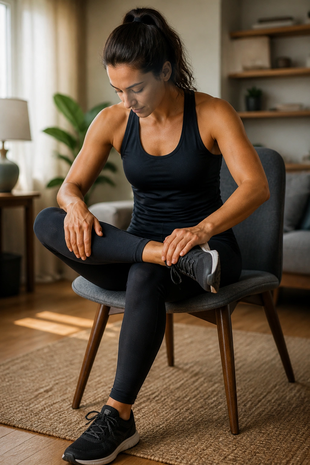 Medium close-up of person seated performing seated figure-four stretch on a chair