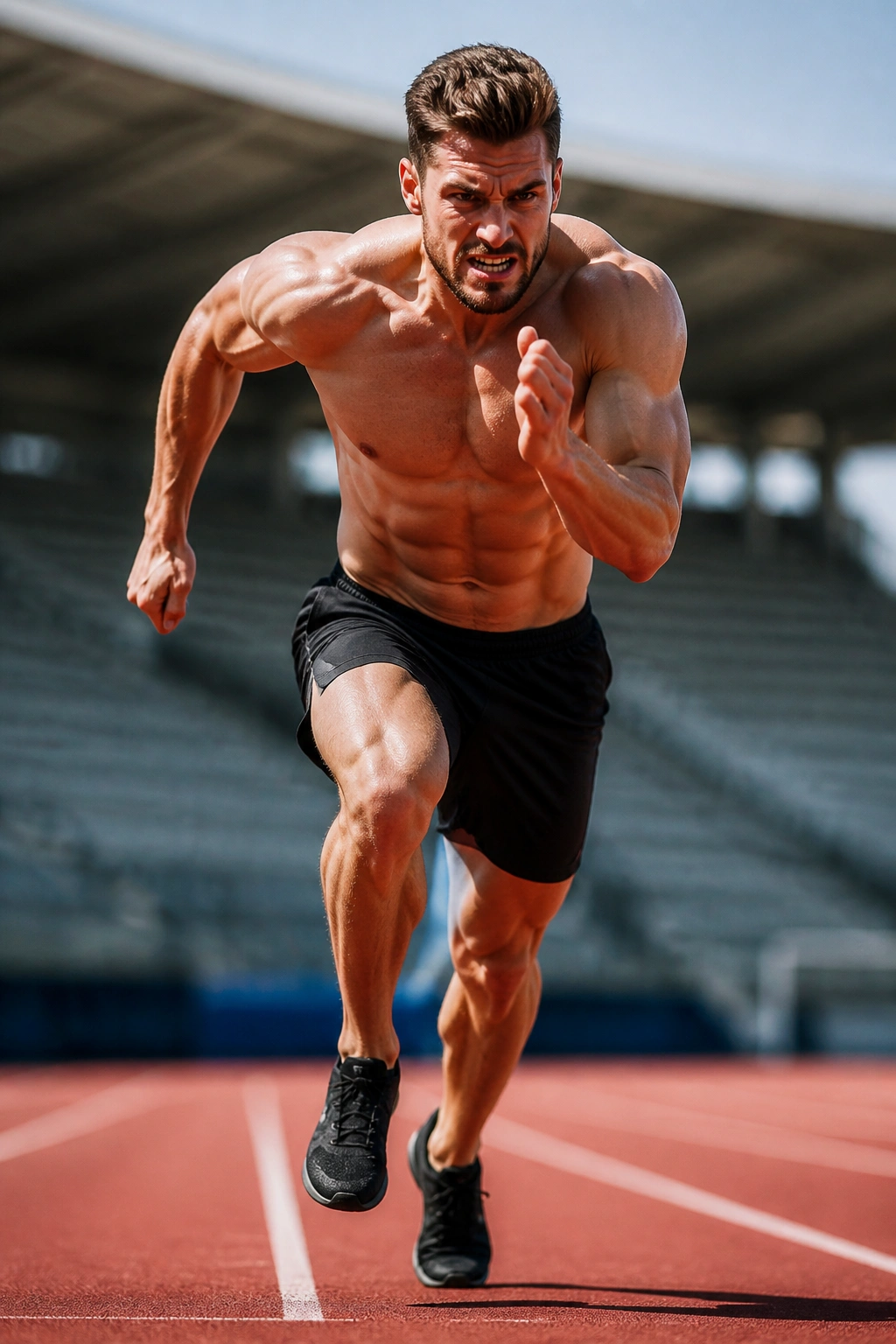 Athlete sprinting on track with intense expression
