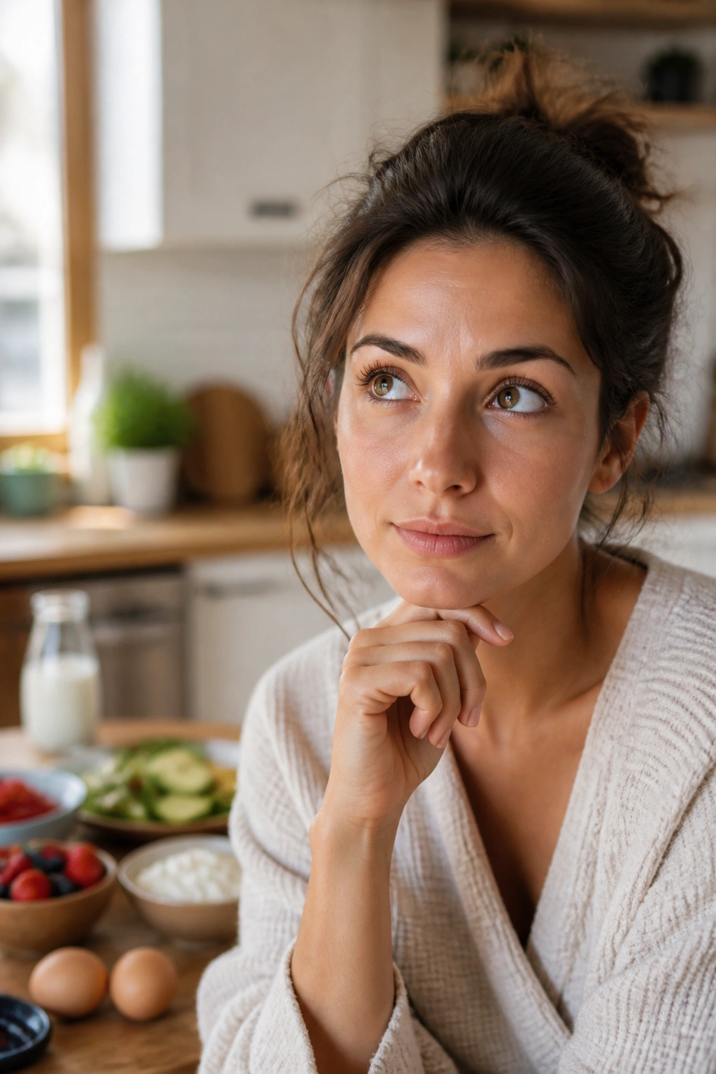 Close-up portrait of a real woman in a cozy kitchen, thoughtful mood, representing final thoughts on a balanced breakfast.