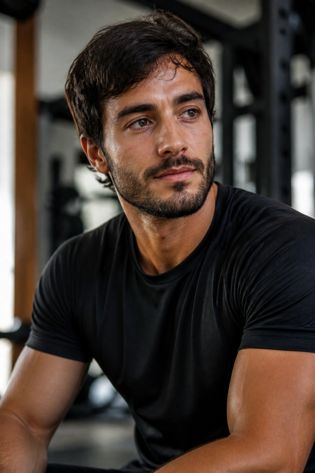 Close-up portrait of a focused gymgoer in a training space, representing final thoughts on beginner arm workouts