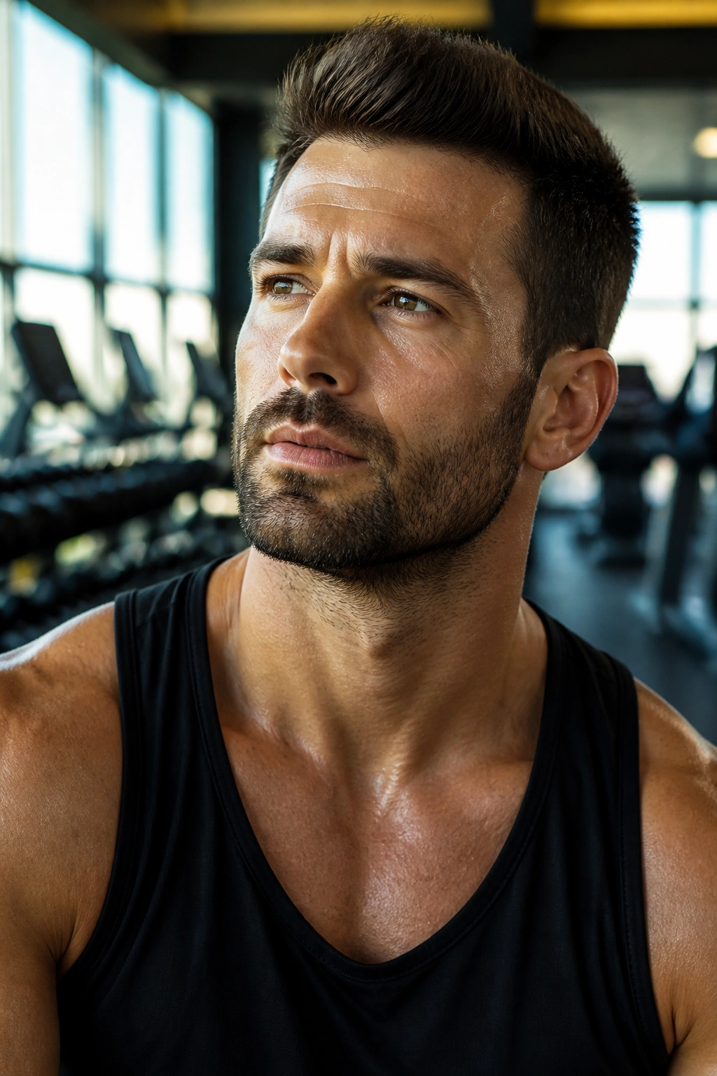 Close-up gym portrait of a real person deep in thought about HIIT safety and consistency
