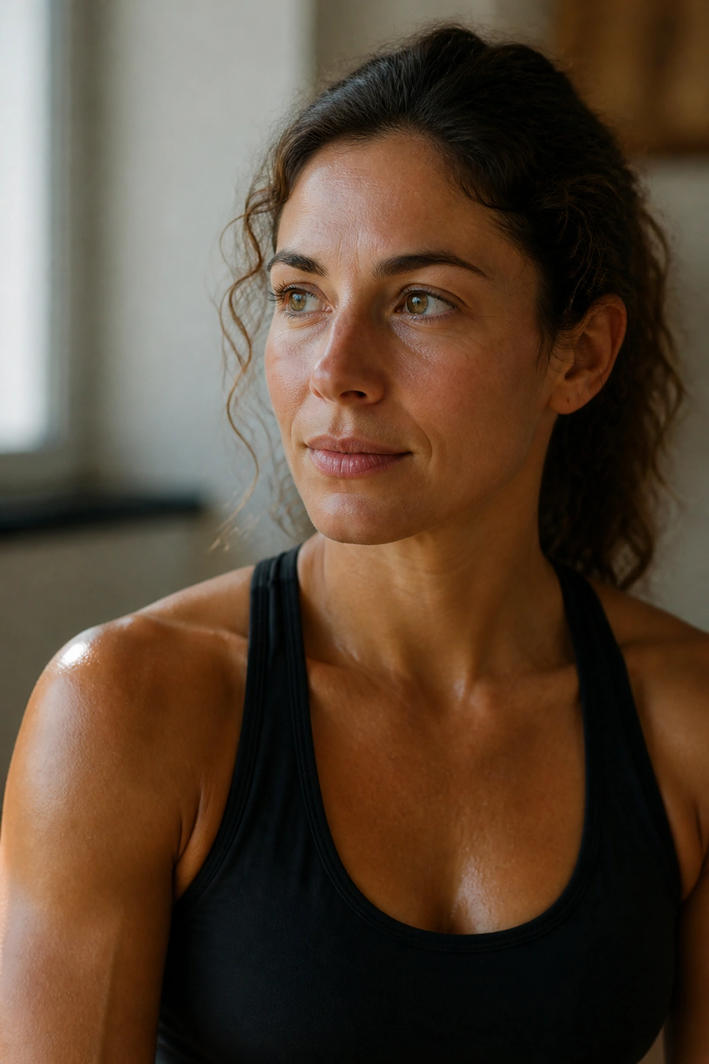 Close-up portrait of a thoughtful athlete in warm window light, reflecting on a focused workout routine