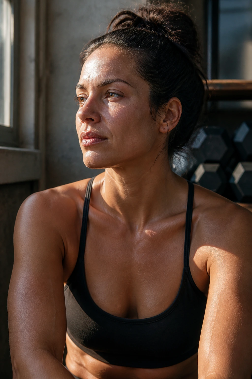 Close-up portrait of a real person in a gym corner, thoughtful after a workout with warm window light