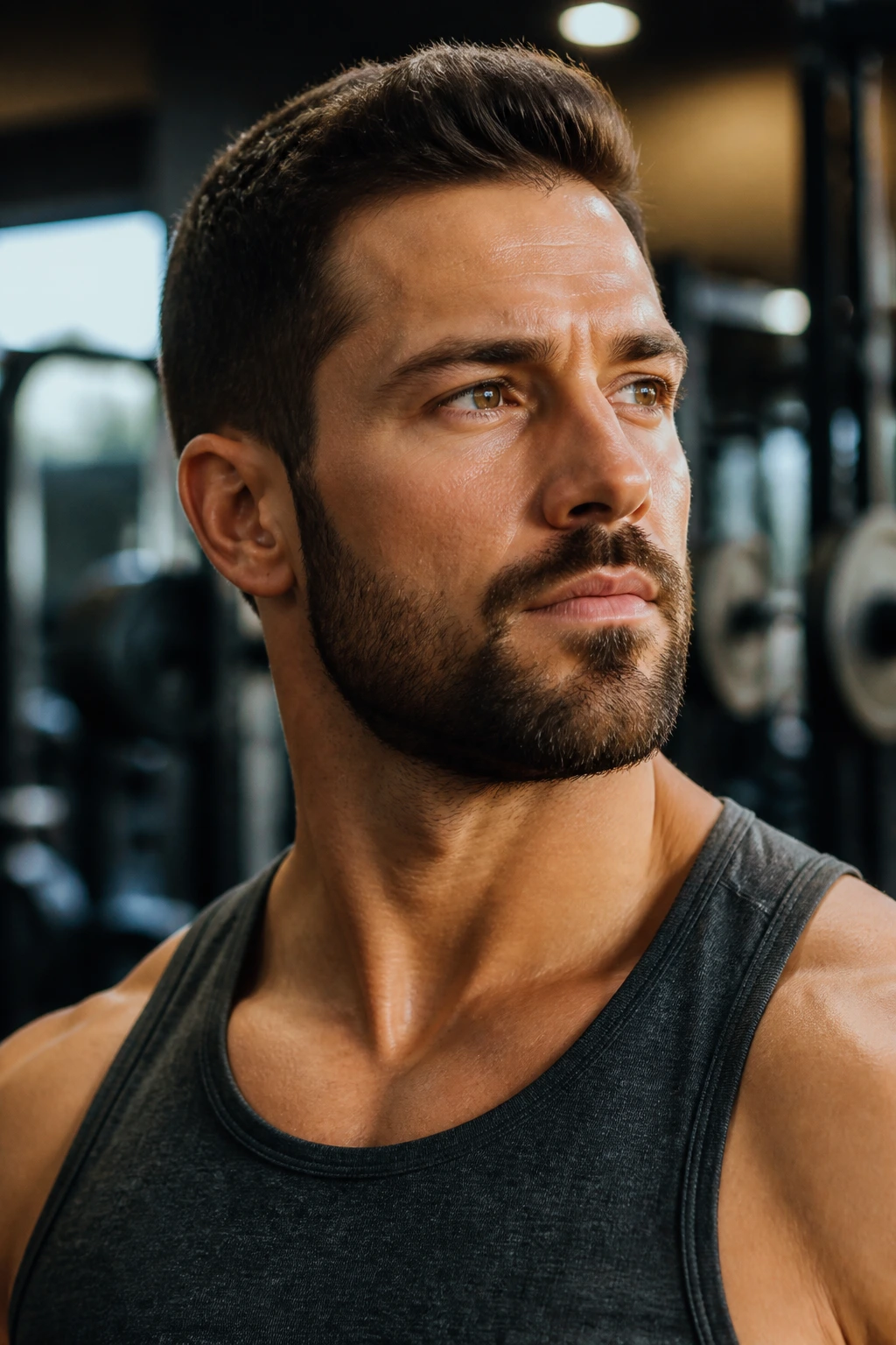 Thoughtful gym-goer portrait reflecting after a warm-up