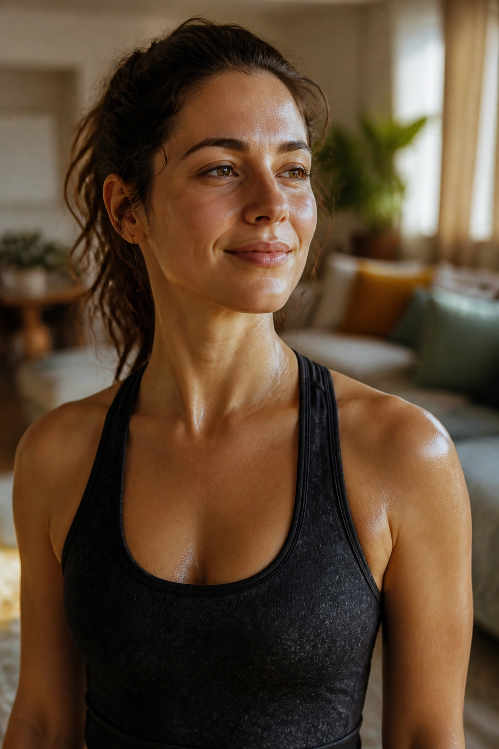 Calm post-workout portrait of a person in a living room