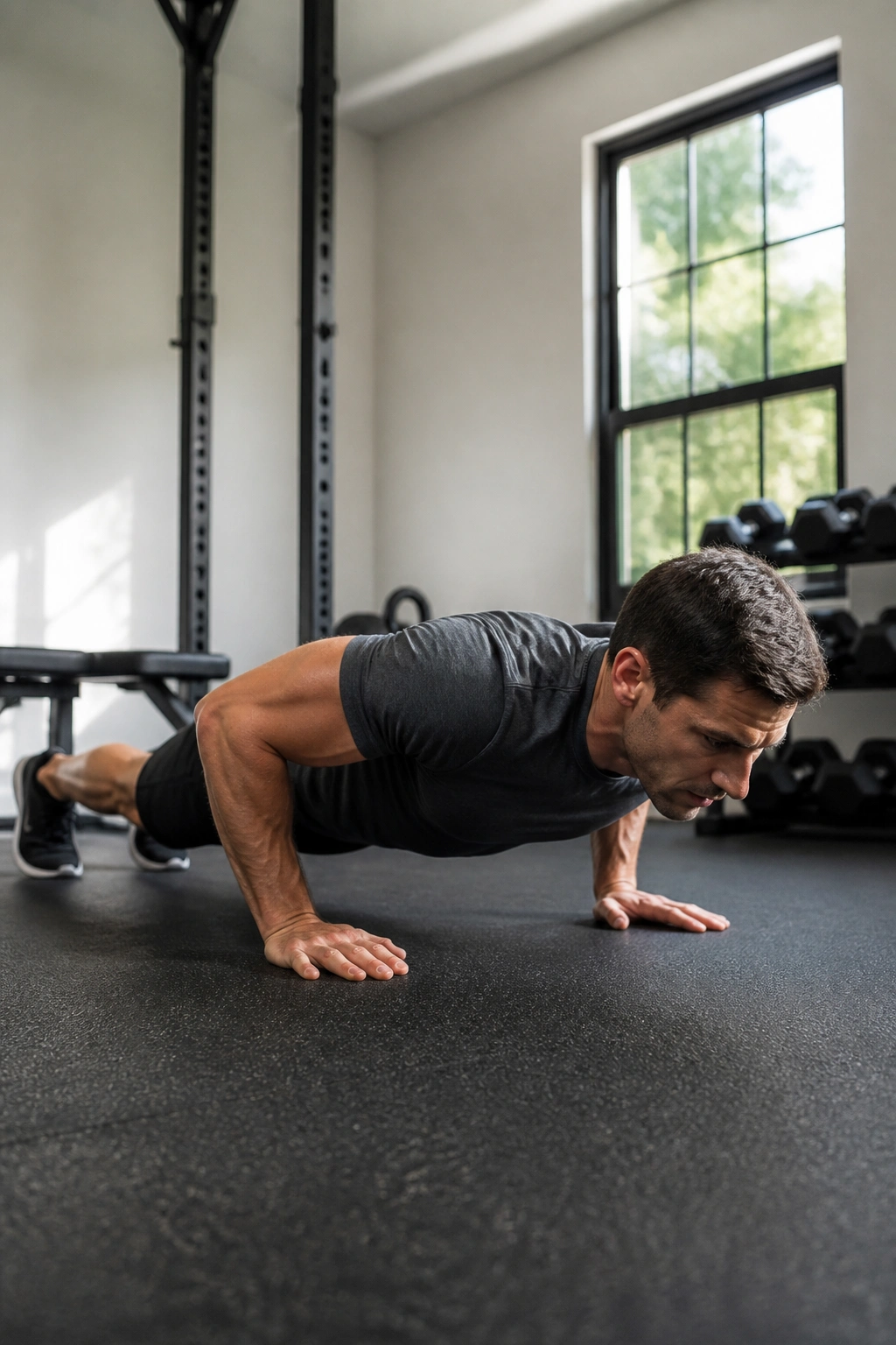 Person performing burpee in home gym
