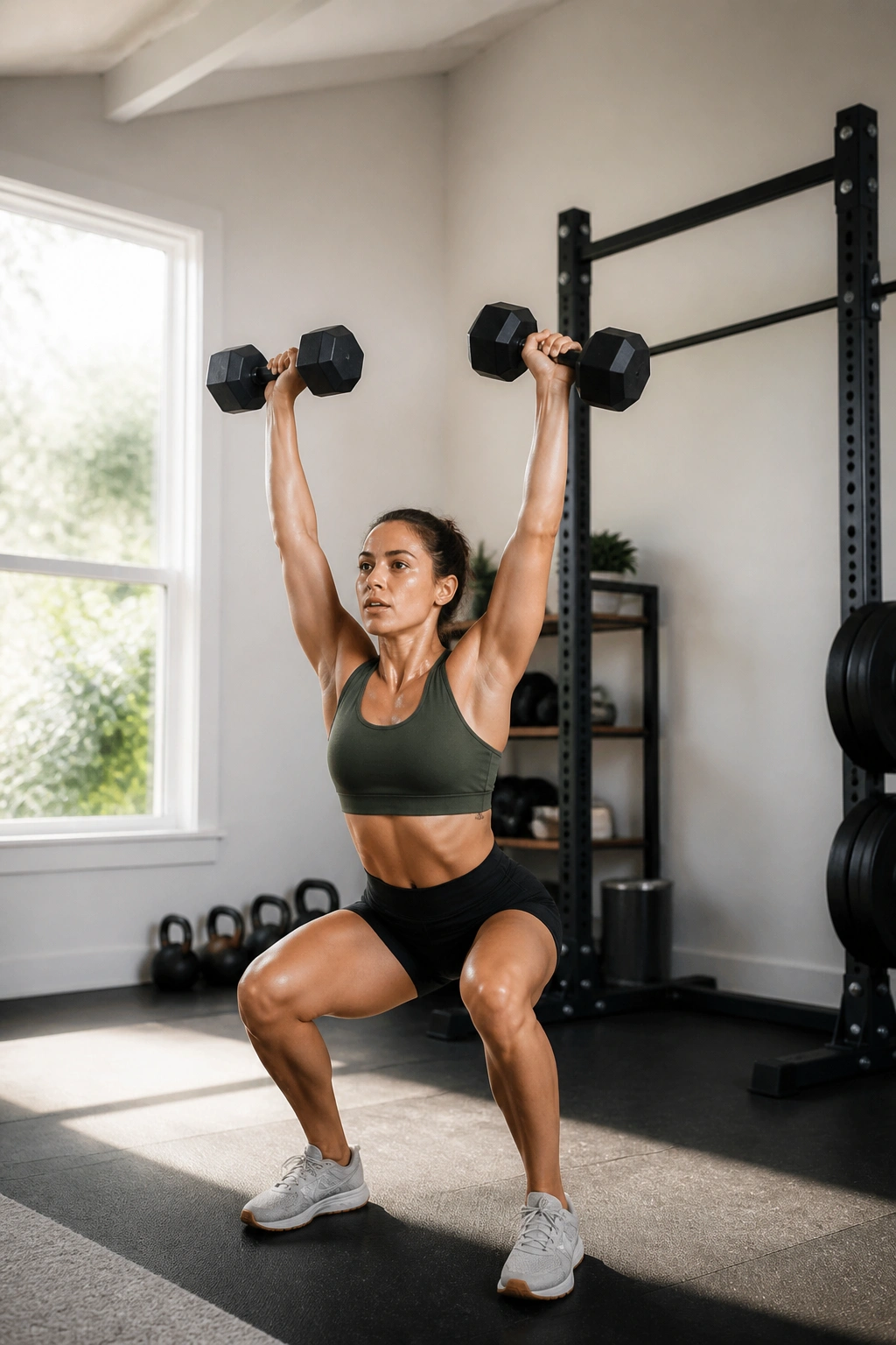 Real person performing a dumbbell thruster in a bright home gym