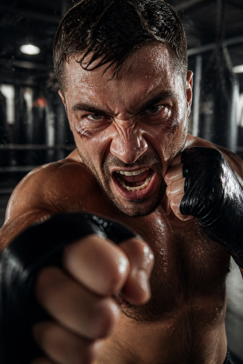 Fighter during a high-intensity finisher burst in a gym.