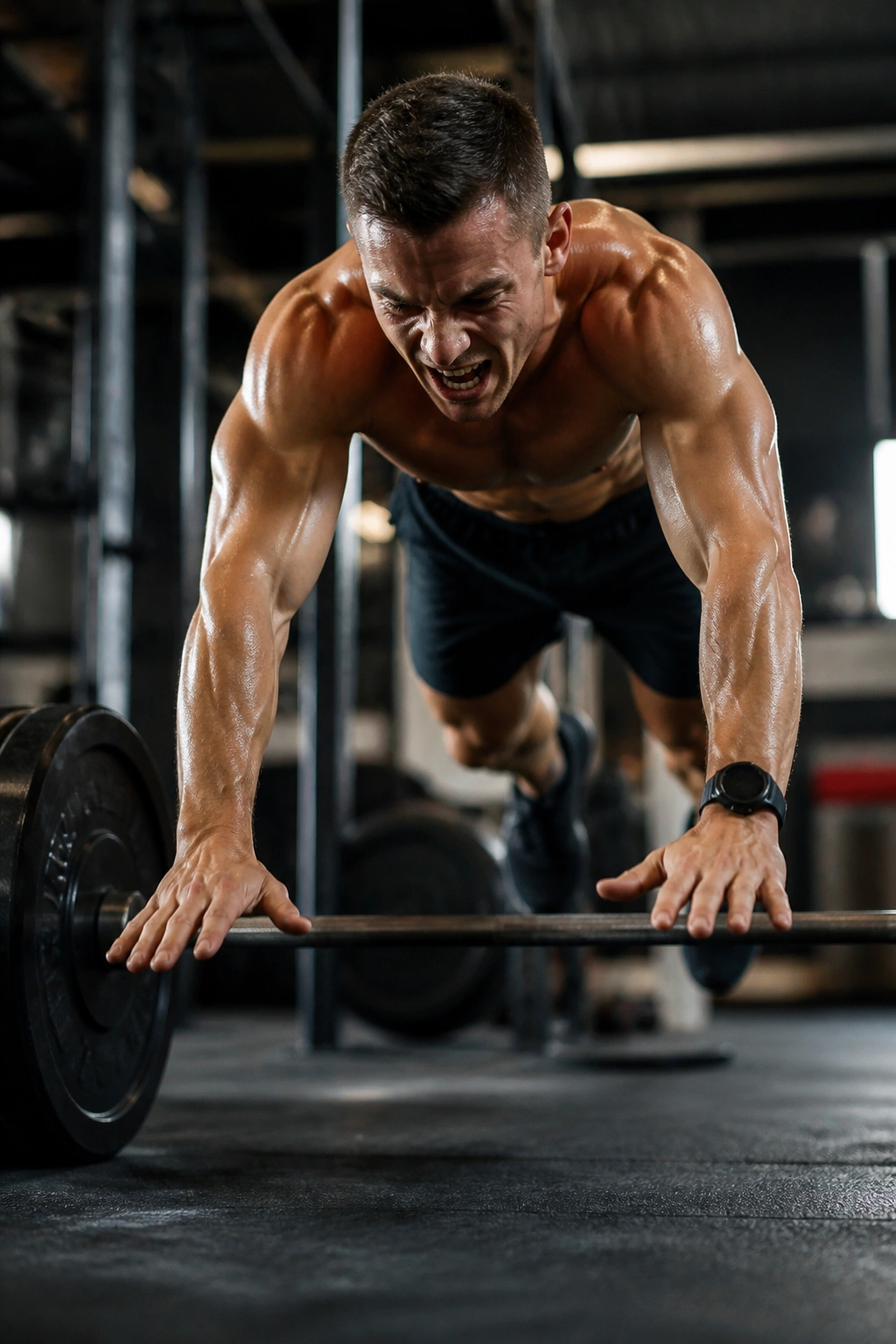 Athlete performing burpees over a barbell with a focused, intense expression