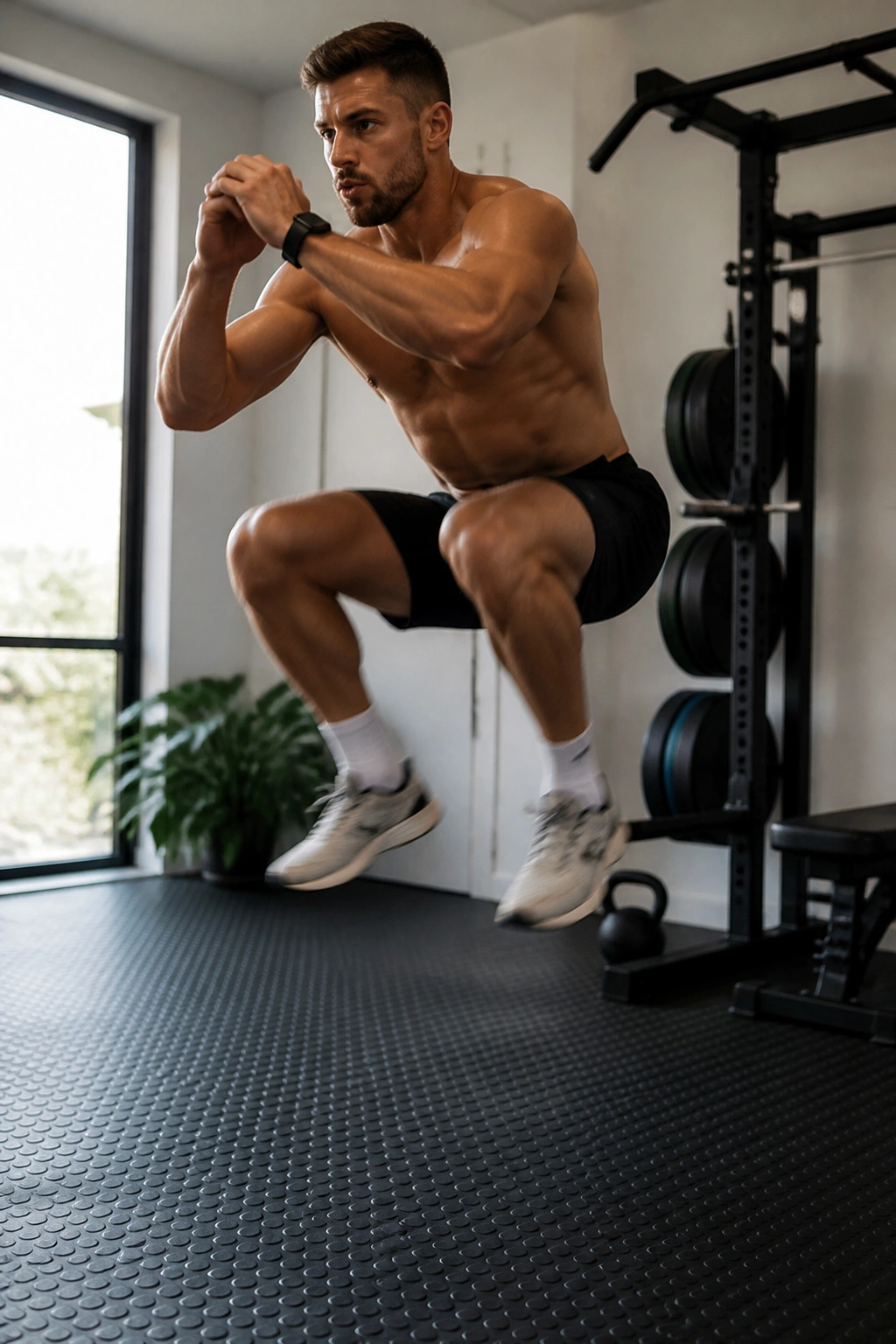 Athlete performing jump squats in a home gym during a finisher workout