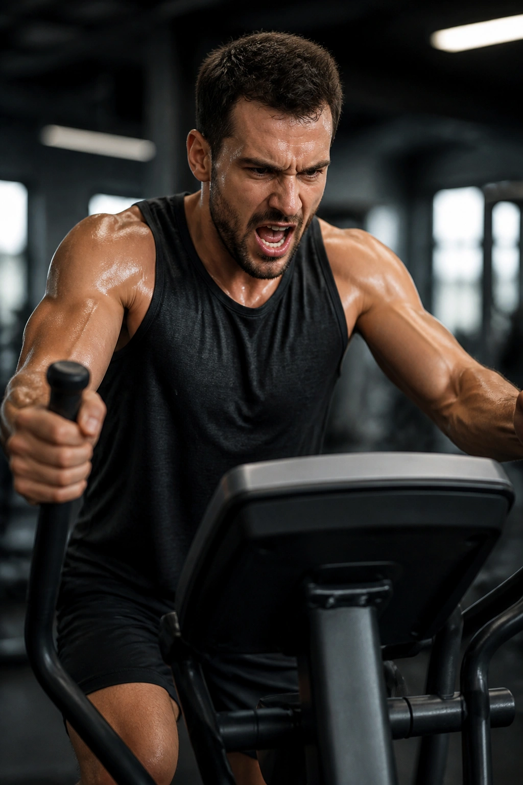 Real person on elliptical giving max-effort sprint in a gym