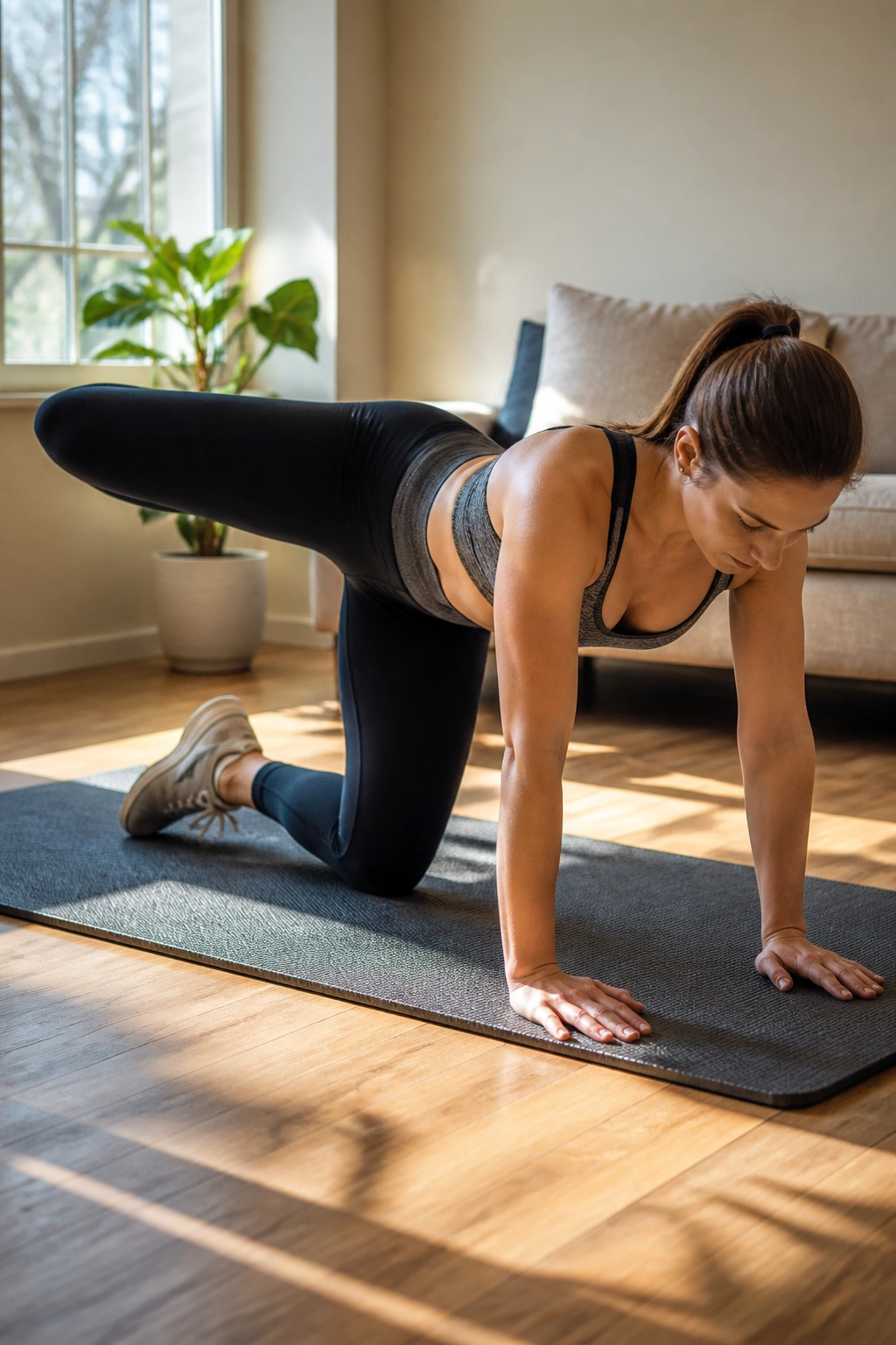 Close-up of a person performing a hip abduction fire hydrant exercise on a mat.