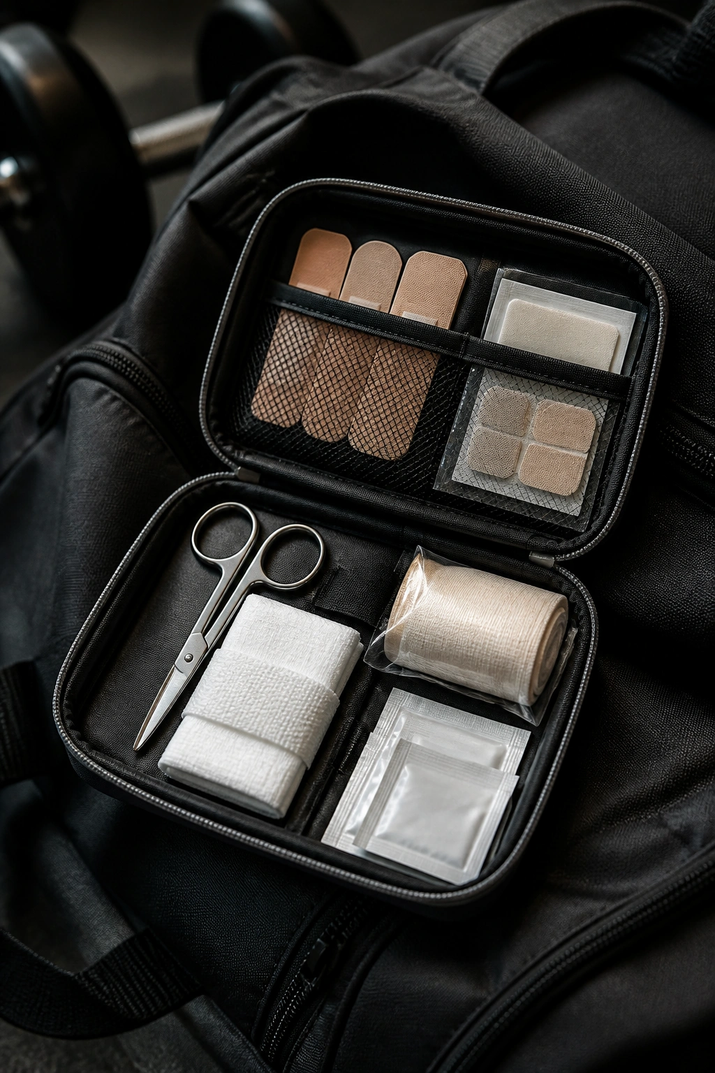 Open compact first-aid kit with basic supplies arranged inside