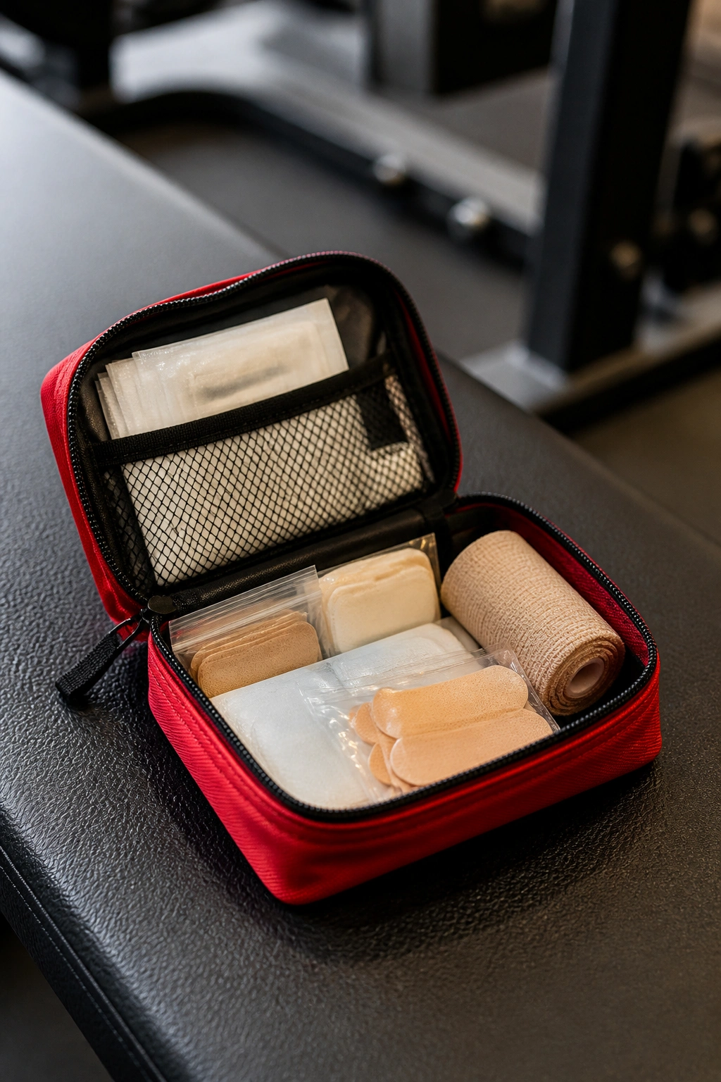 Close-up mini first-aid kit on a gym bench