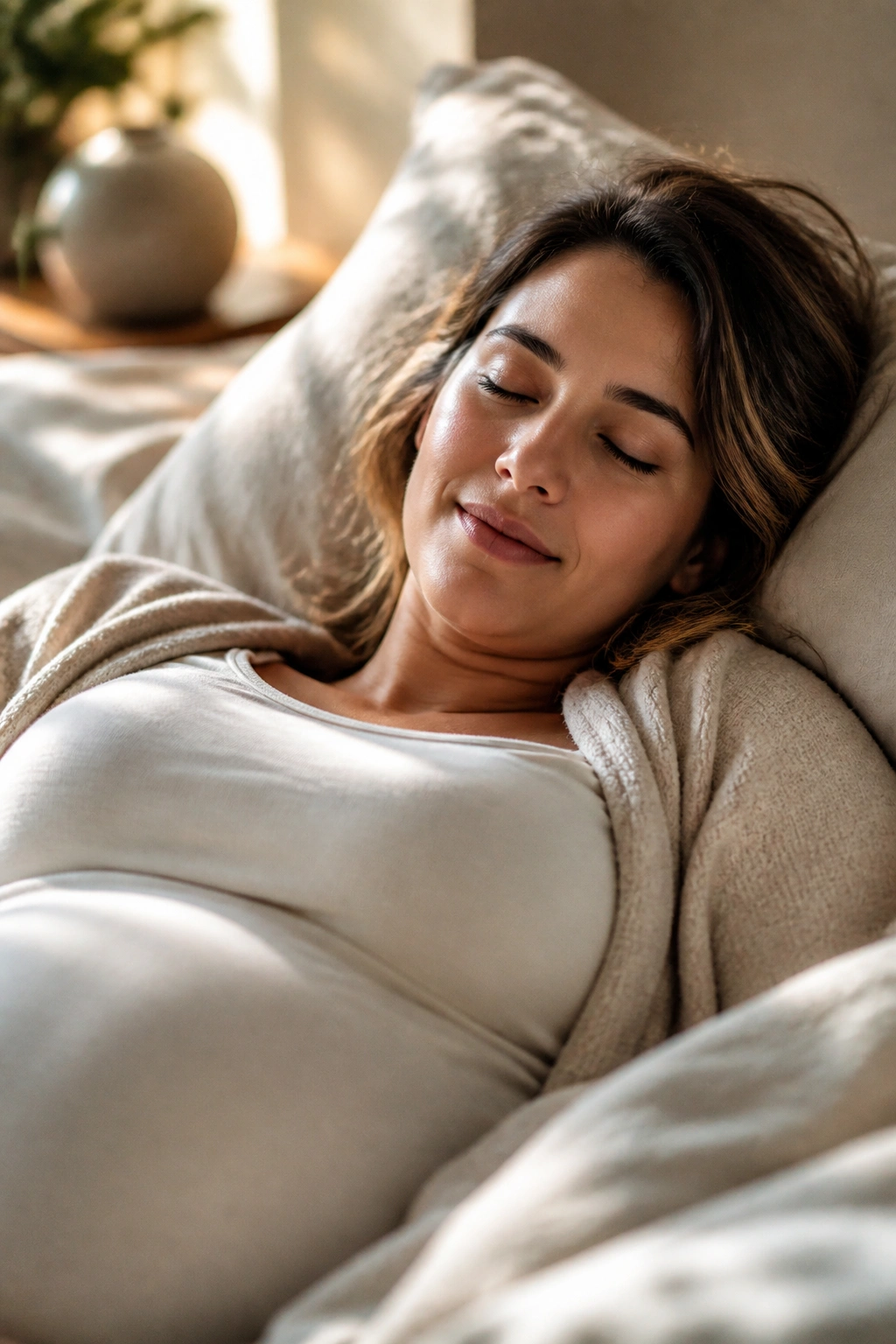 Close-up portrait of a pregnant person resting on a bed with soft light