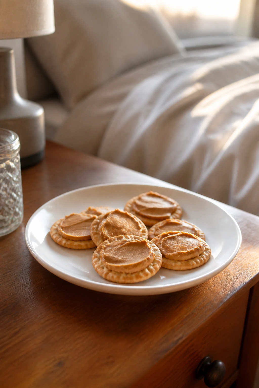 Close-up of crackers with peanut butter on a bedside plate in a cozy morning bedroom