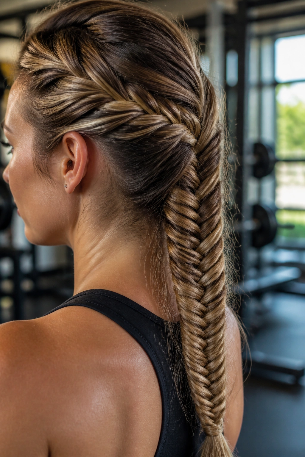 Real woman with fishtail braid in gym