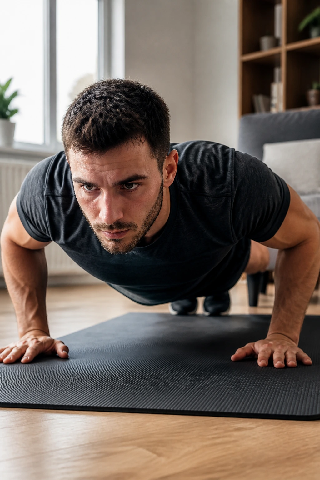 Medium-close shot of a person doing a push-up in a tidy apartment living room