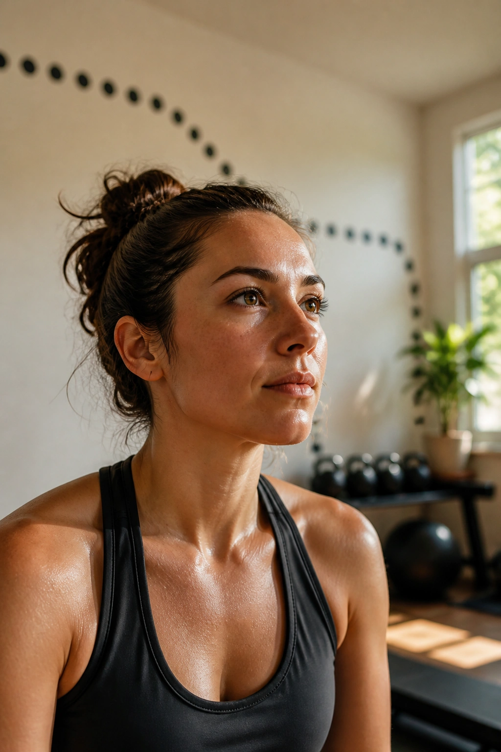 Close-up of a focused adult athlete in a bright home gym ready to start a workout