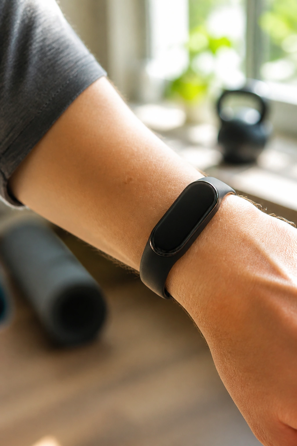 Close-up of a fitness tracker on a wrist in a home workout setting