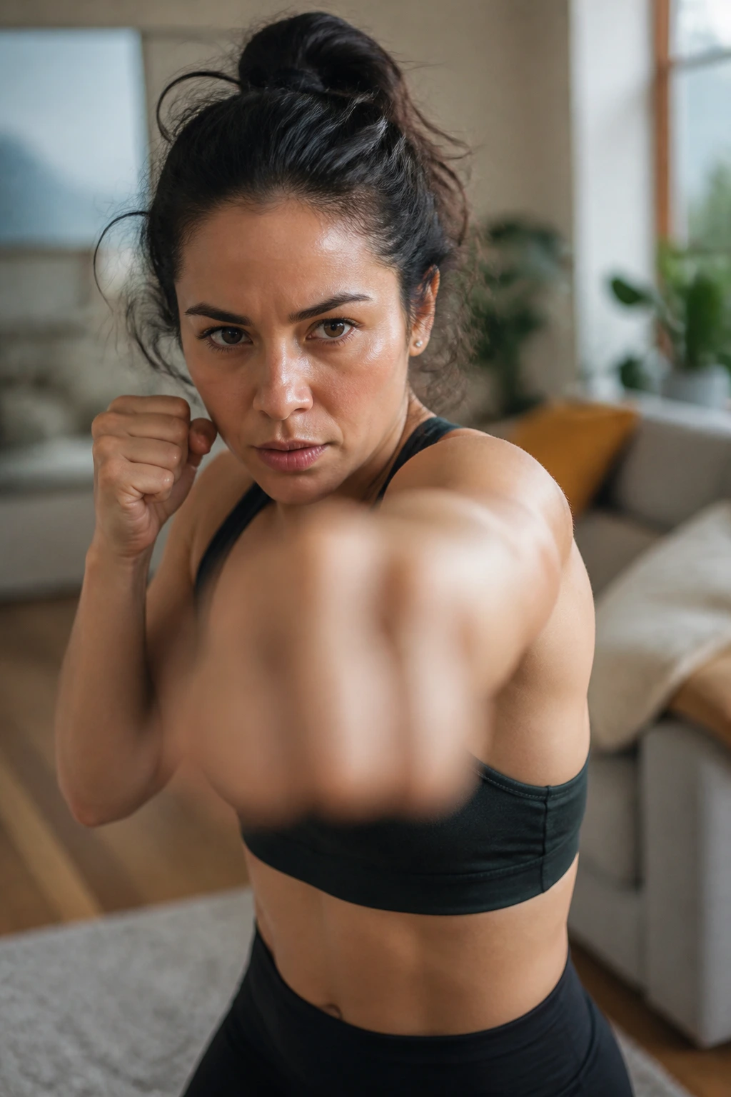 Portrait of a woman performing shadow punches in a living room finisher