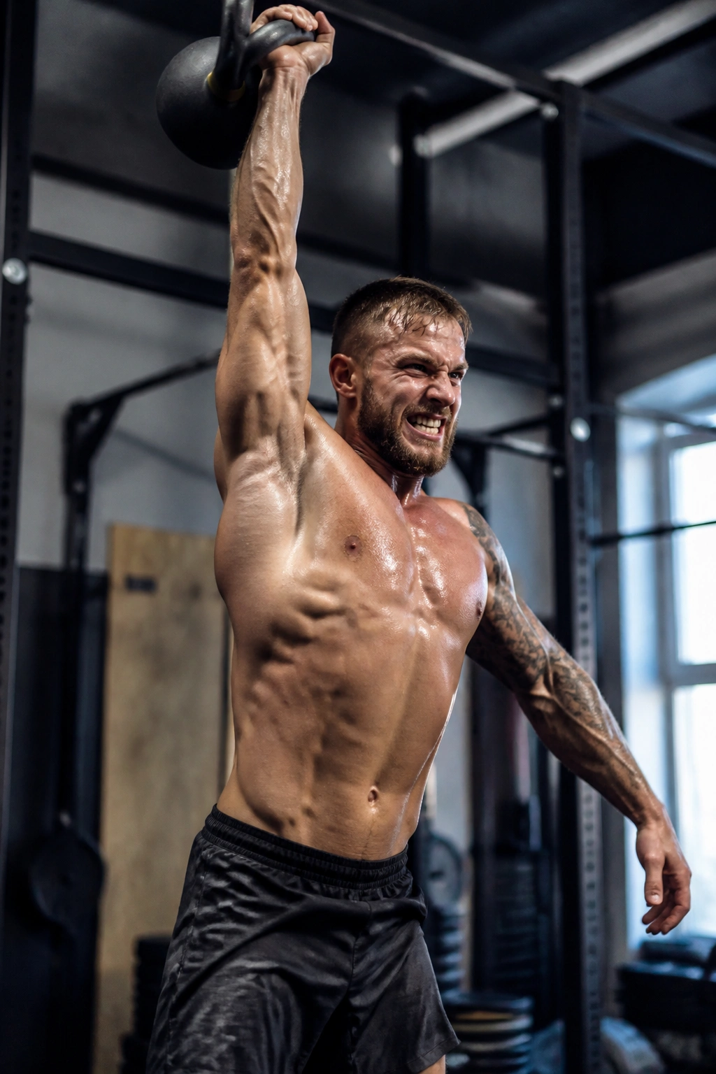 Person performing kettlebell snatch during intense five-minute burn