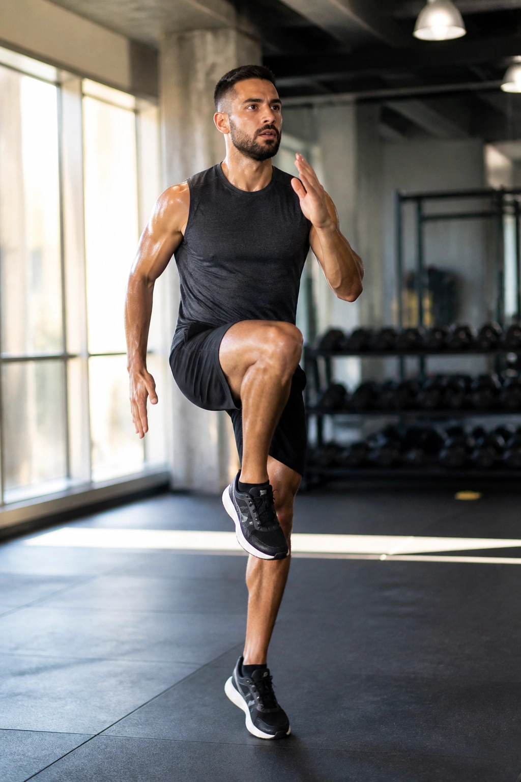 Mid-shot of a person performing a dynamic warm-up before training