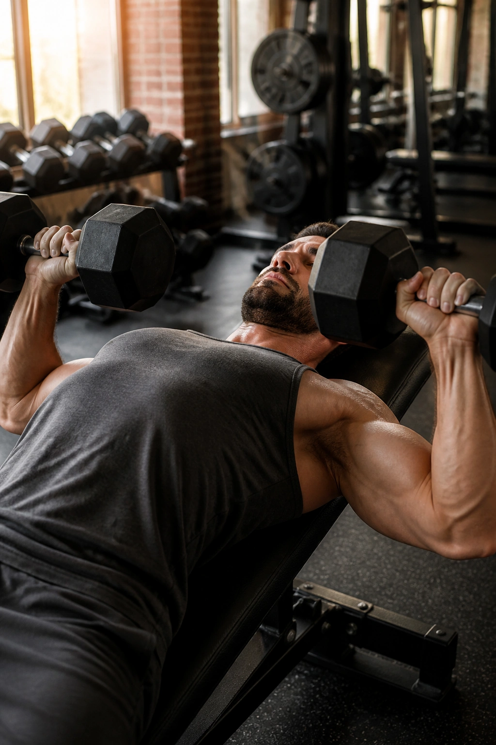 Close-up of lifter performing flat-bench dumbbell press focusing on chest and arms