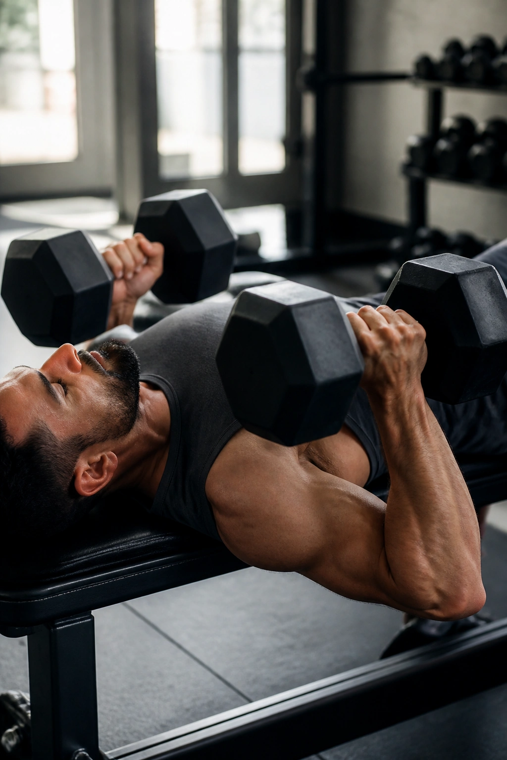 Close-up of a real person performing flat dumbbell bench press on a gym bench