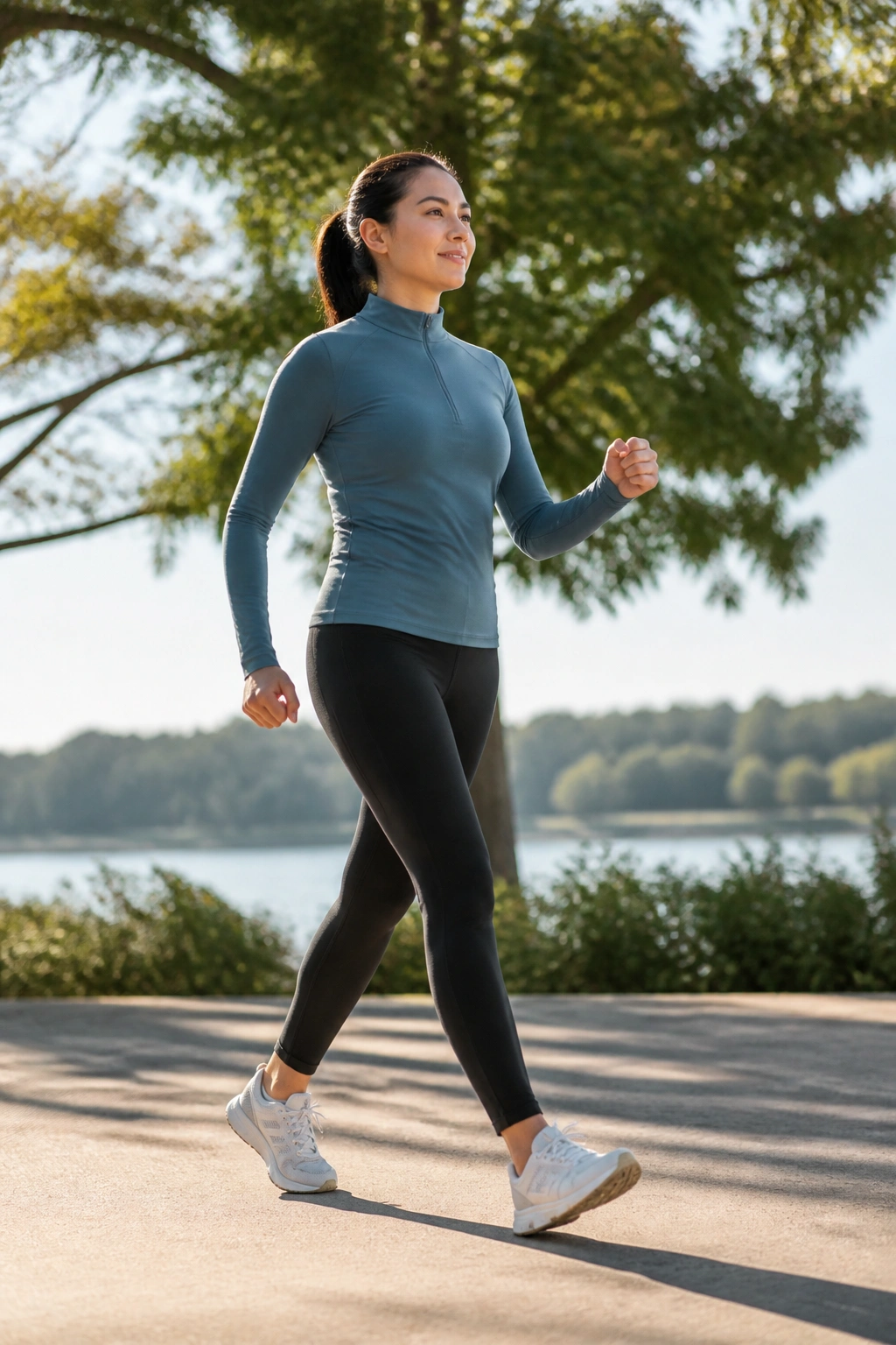 Person mid-stride walking on a flat outdoor path during daylight
