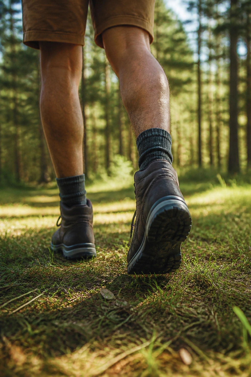 Close-up of a hiker's boots stepping on a flat trail in a forest.